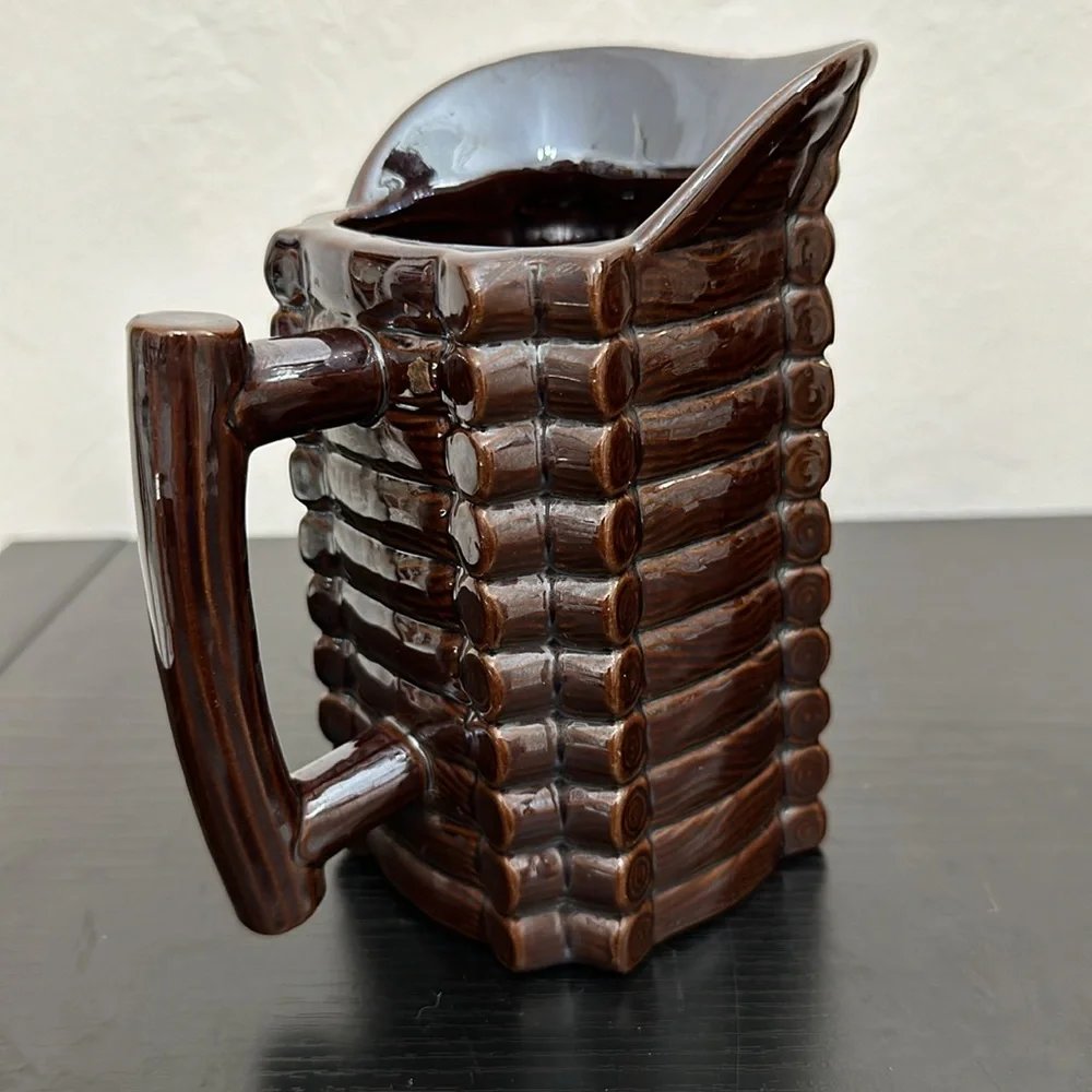 Brown Luster Ceramic Log Cabin Vintage Pitcher